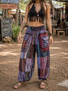 Boho Patchwork Harem Cargo Pants 100% Cotton Made in India Festival Hippie